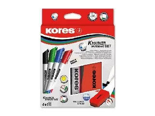Tábla- és flipchart marker készlet mágneses táblatörlő szivaccsal, 3-5 mm, vágott, KORES, 4 különböző szín