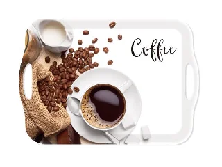 Tálca, szögletes, műanyag, füllel, kávé mintás, 41,5x28,5 cm