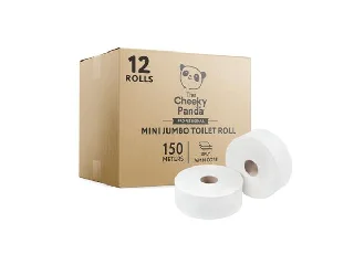 Toalettpapír, bambusz, 2 rétegű, nagytekercses, 18 cm átmérő, 150 m/tekercs, 12 tekercs, CHEEKY PANDA, fehér