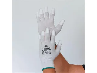 Védőkesztyű, karbonszálas, PU ujjbegy mártott, M méret, fehér-szürke