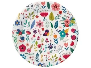 Virág és madárka mintás papírtányér, fehér - 18 cm, 6 db
