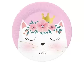 Virágos cica mintás papírtányér - 18 cm, 6 db