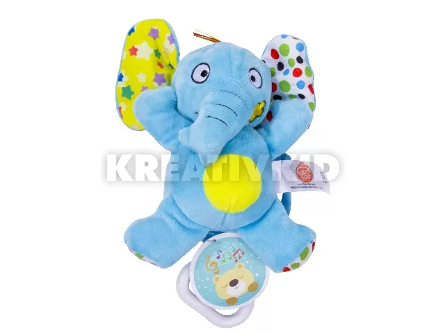 Zenélő elefánt plüss bébijáték